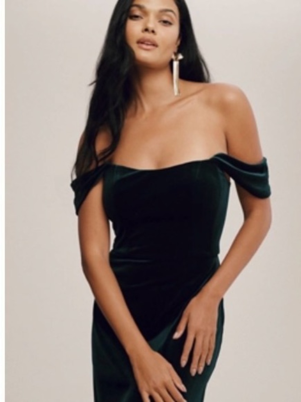 Jenny-Yoo Isa Off-Shoulder Velvet Evening Dress in Deep Green